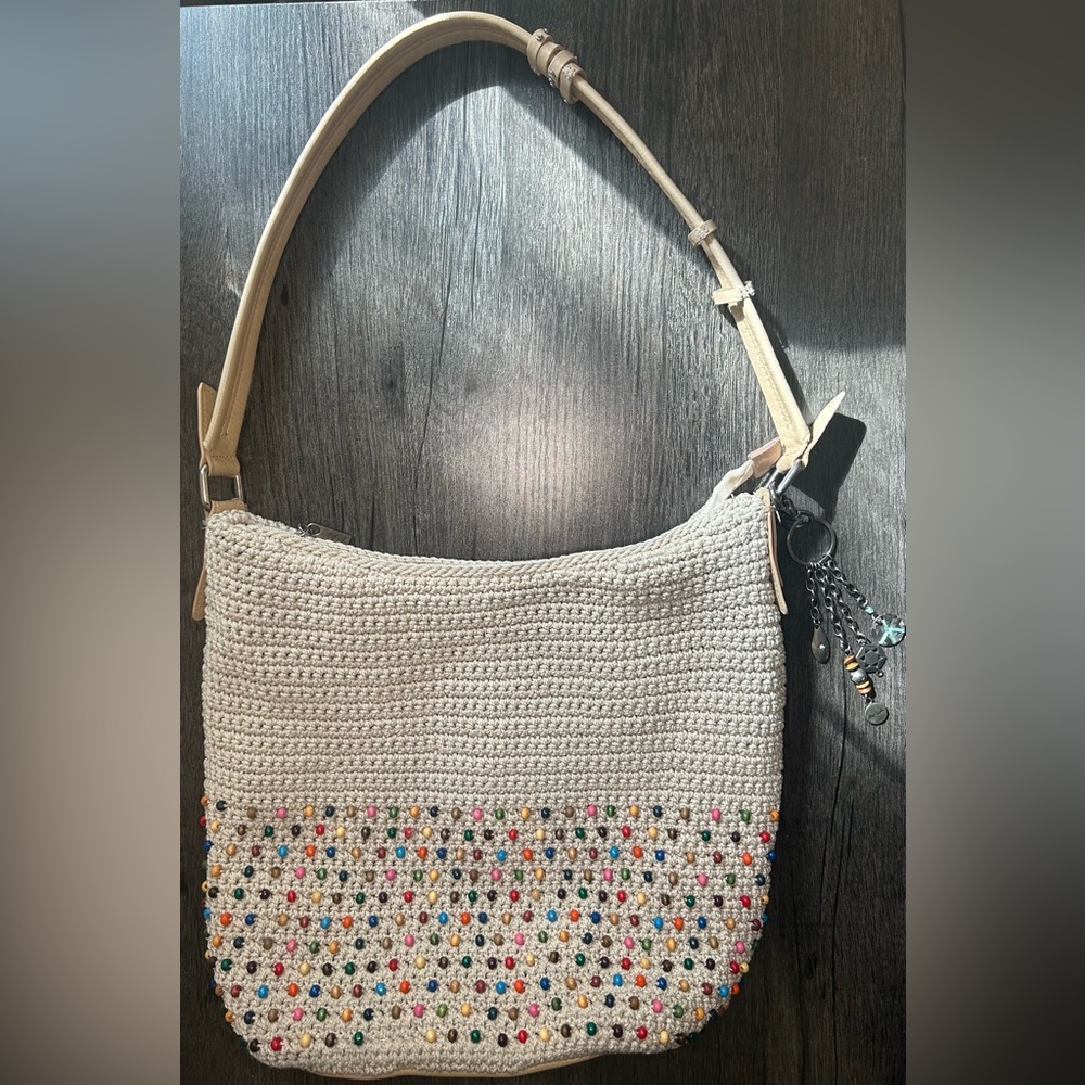 The Sak Hand Crochet - Ecru Multi Beaded Crossbody Beige Knit Bag With Keychain